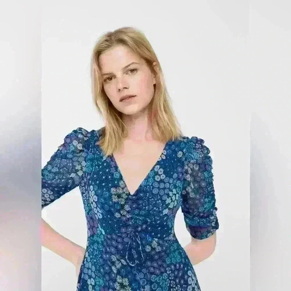 MANGO Floral Print Dress with Ruching in Blue and Purple Hues - Picture 1 of 14